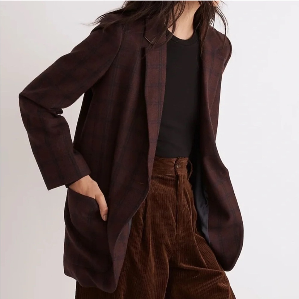 NEW Madewell Larsen Wool Blend Blazer in Spiced Raisin Windowpane Plaid Size XL